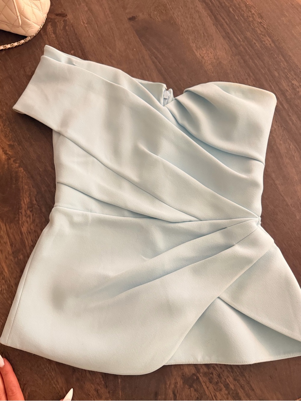 SAFIYAA Jolee asymmetric ruched stretch-crepe top sz 2 Not WORN OUT light blue